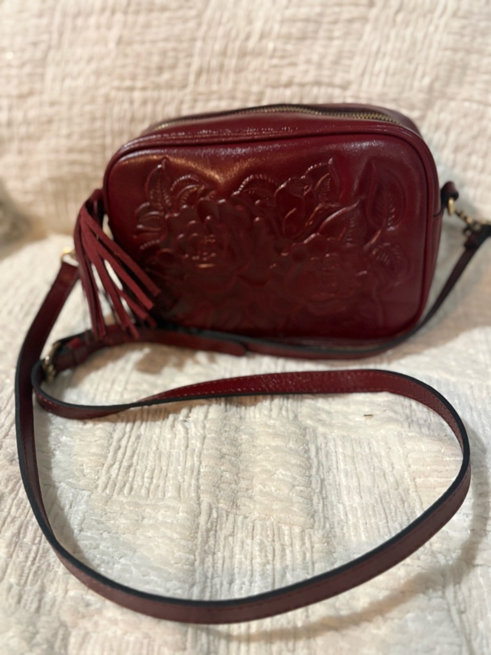 Patricia Nash Embossed Floral Crossbody Bag in Burgundy